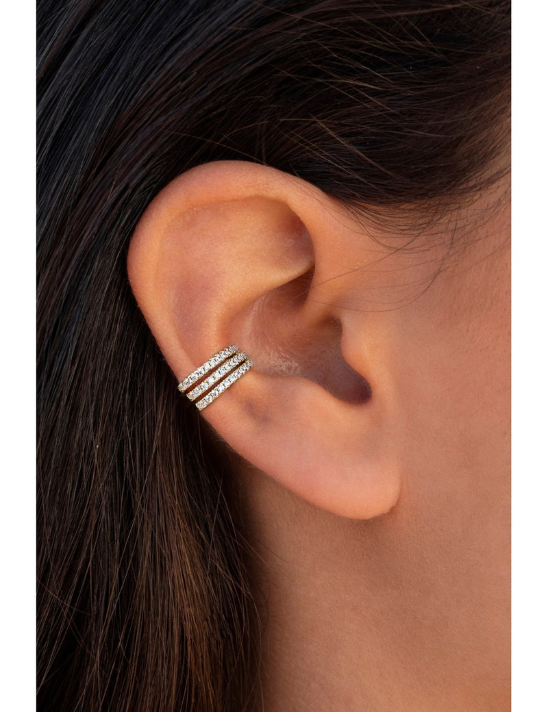 Dreifache Conch-Ohrmanschetten-Ohrringe mit Pavé-gefassten Zirkonen und einem Scharniersystem