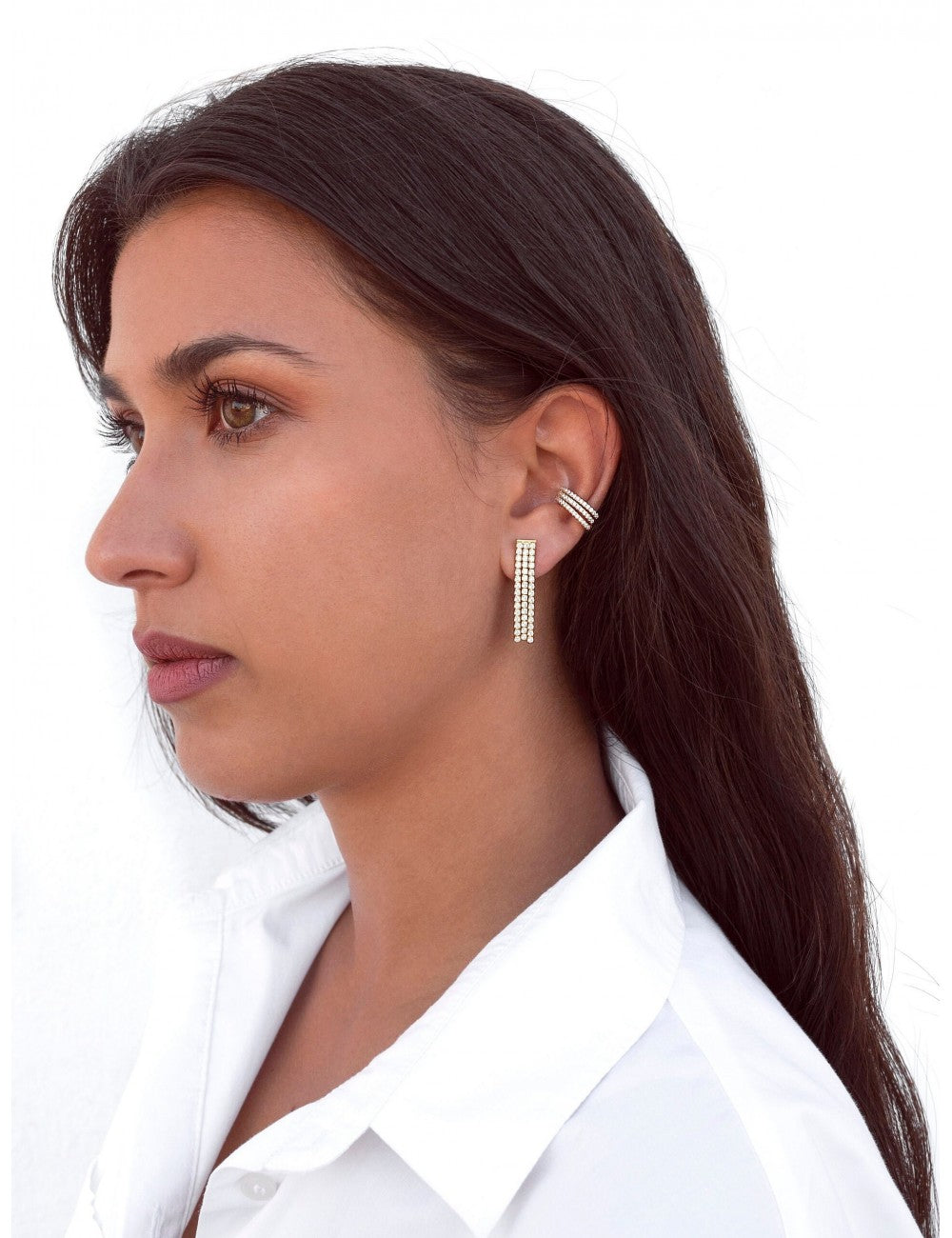 Dreifache Conch-Ohrmanschetten-Ohrringe mit Pavé-gefassten Zirkonen und einem Scharniersystem