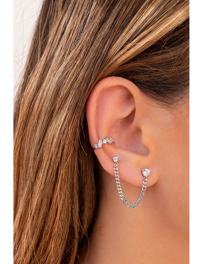 Pendientes stud piercing doble de circonitas con cadena barbada