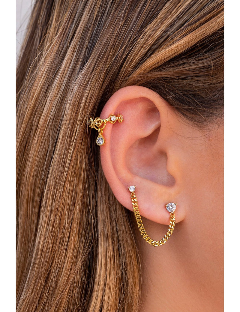 Pendientes stud piercing doble de circonitas con cadena barbada