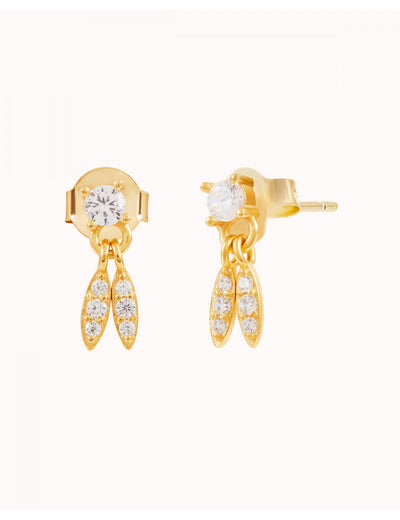 Pendientes stud de circonitas con 2 charms ovalados y circonitas en pavé